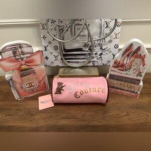 Juicy Couture Pink Cosmetic Pouch with Dog Design and Gold and Silver Logo